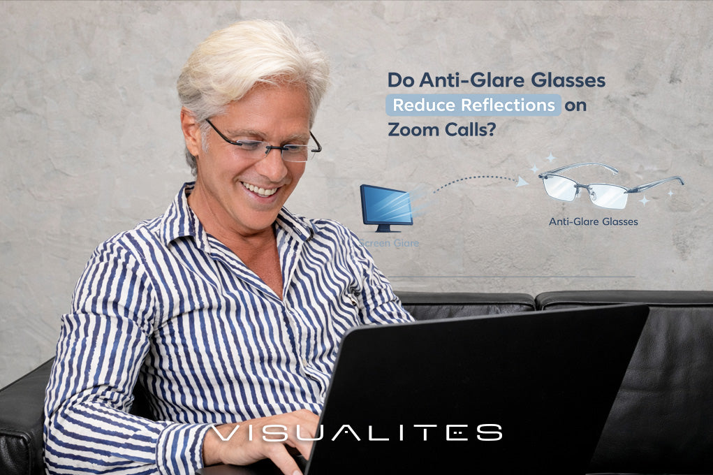 Man wearing computer reading glasses looking at a computer in an online meeting