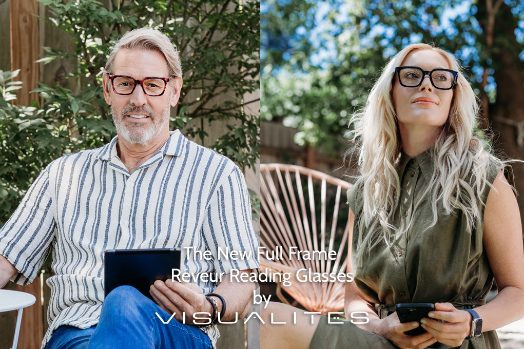 Man wearing the Tortoise Réveur and woman wearing the Black Réveur quality reading glasses from Visualites
