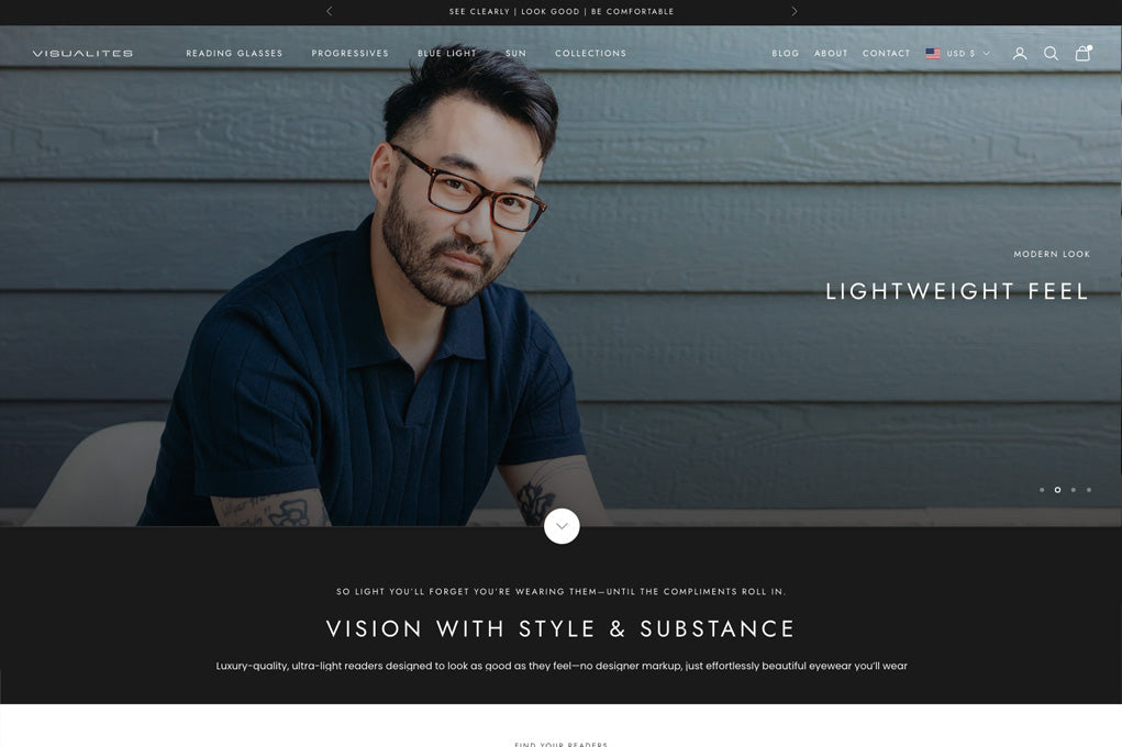 Home page image of Visualite reading glasses new website on Shopify