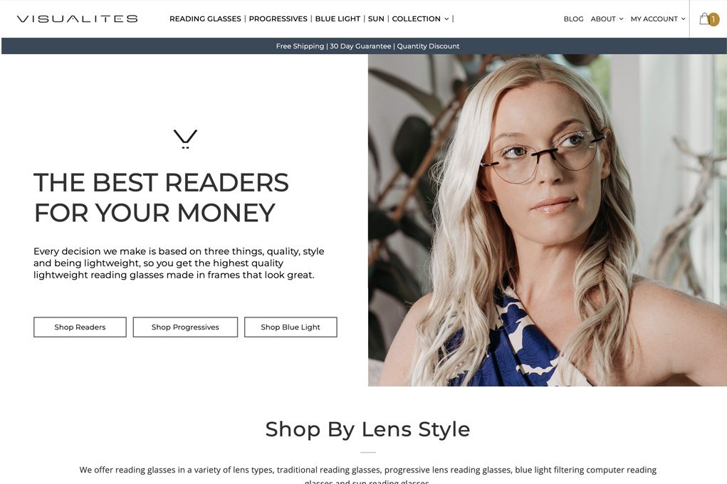 Screenshot of new reading glasses website launched by Visualites