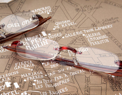 Red lightweight rimless readers on map