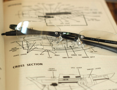 Detail view of Visualites 5 designer rimless reading glasses in black color