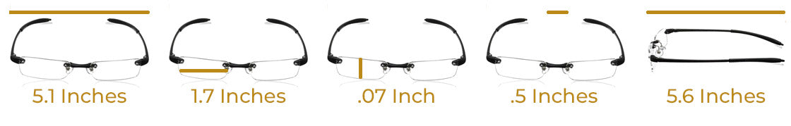 Measurements of lenses and temple arms of the Visualites 7 half eye rimless reading glasses