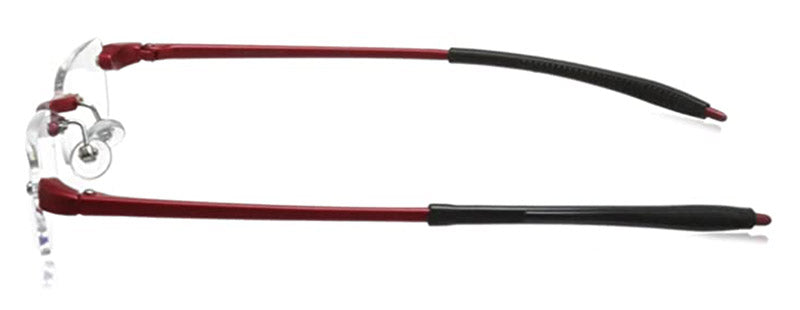 Side view of Visualites quality half eye rimless reading glasses in red