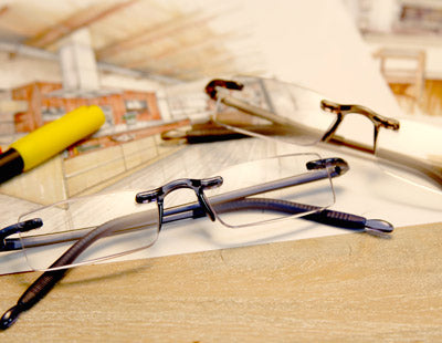 Pair of quality reading glasses sitting on architectural drawings