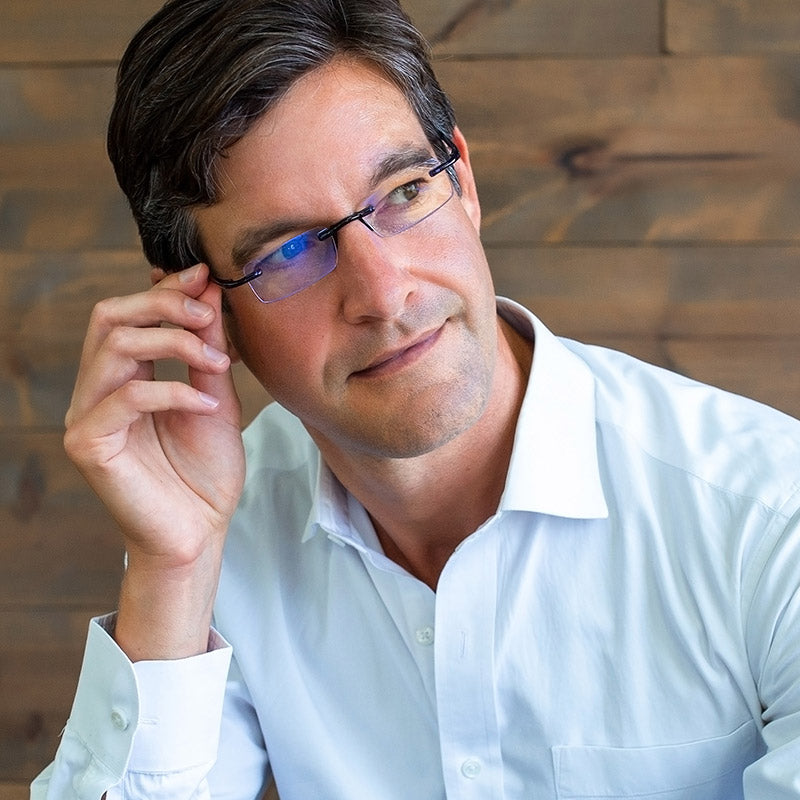 Man wearing Visualites C Lightweight Computer Reading Glasses in Navy Blue
