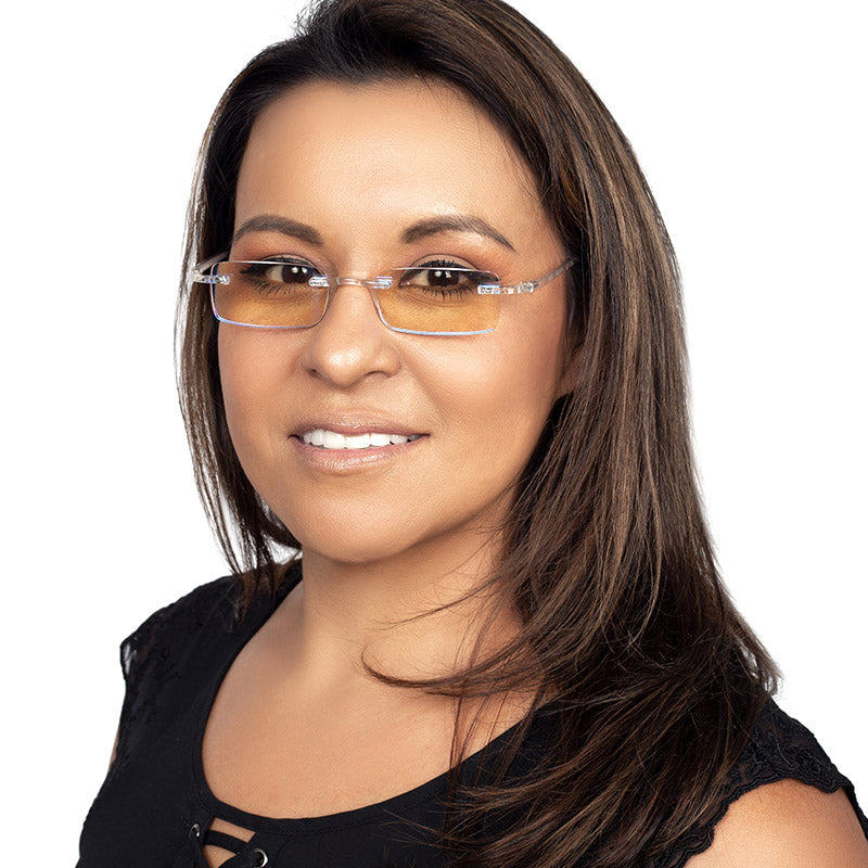 Woman wearing Visualites C Designer Blue Light Filtering Reading Glasses in clear color