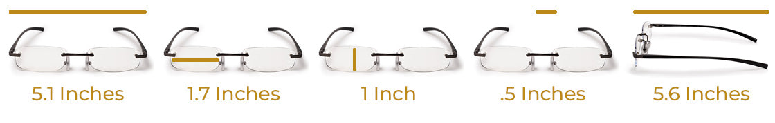 Measurments of lenses and temple arms of the Visualites X Pillow lens shape metal rimless reading glasses