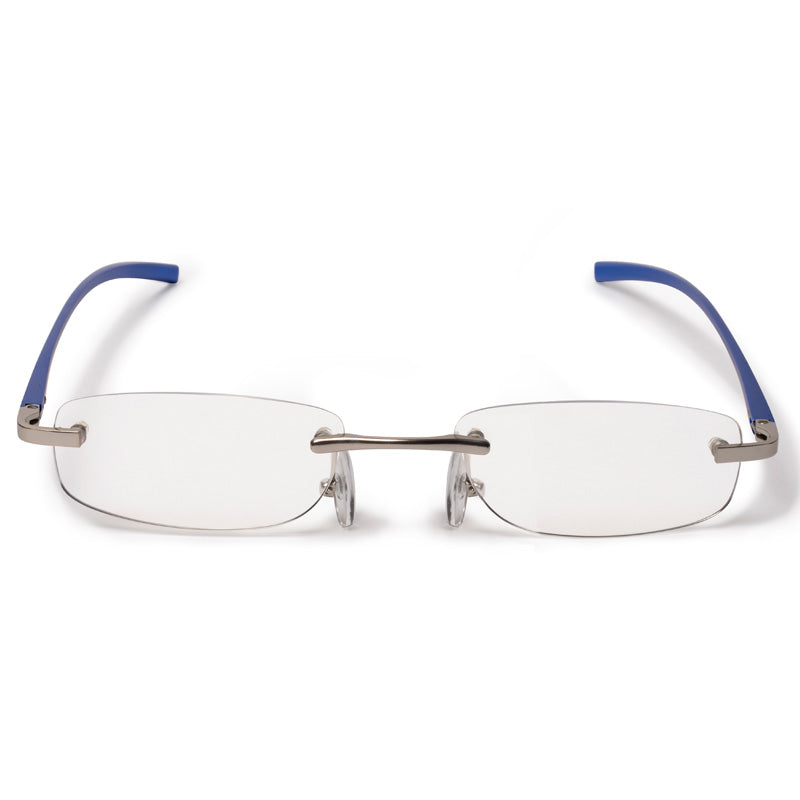 Front view navy blue metal rimless reading glasses with round shape lenses