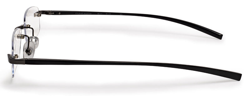 Side view black metal rimless reading glasses with round lenses