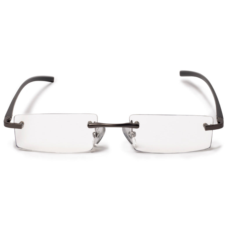 Front view rimless metal reading glasses with rectangle shaped lenses