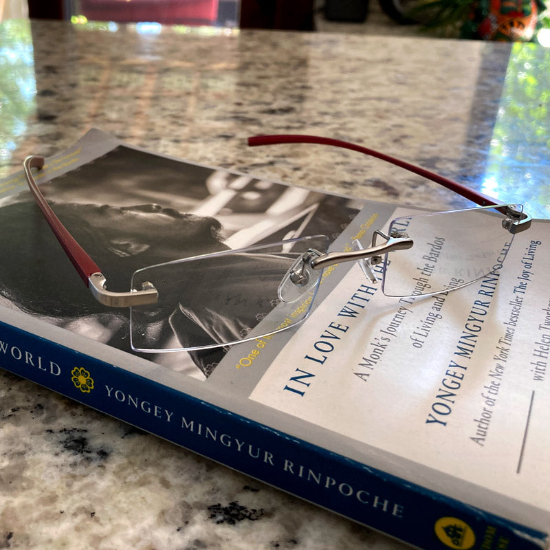 Visualites X Metal Reading Glasses with Rectangle Lenses Sitting On A Book