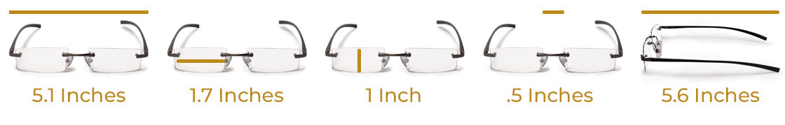 Measurements of Visualites X aluminum rimless reading glasses with rectangle optical quality lenses