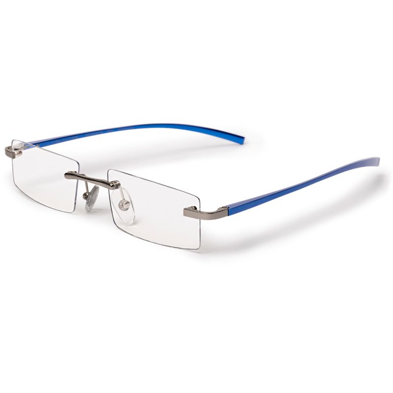 Aluminum frame rimless reading glasses with rectangular lenses in blue