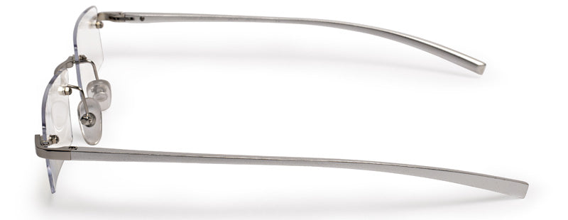 Side view Visualites X metal rimless reading glasses in silver