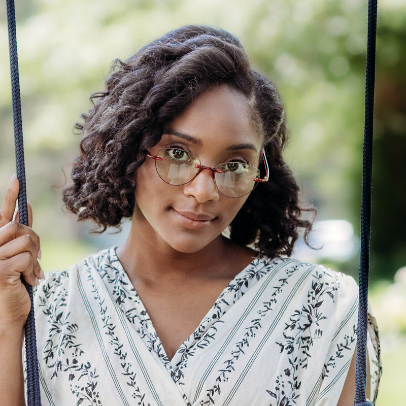 Woman Wearing Visualites Amour Lightweight Progressive Reading Glasses In Red