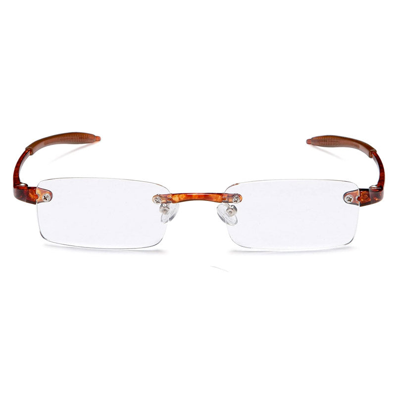 Front view Visualites 1 quality lightweight rimless reading glasses in tortoise color