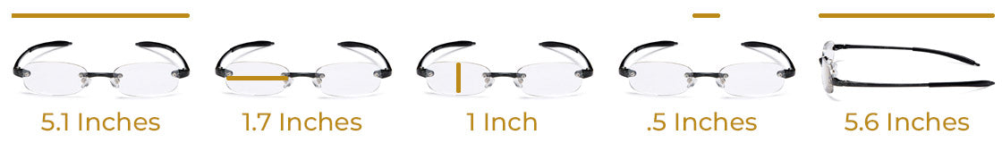 Measurement chart of Visualites 5 oval shaped rimless reading glasses