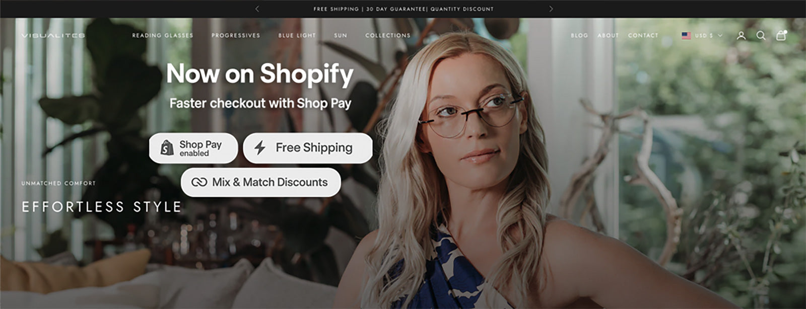 Detail view of Visualites reading glasses new website on Shopify