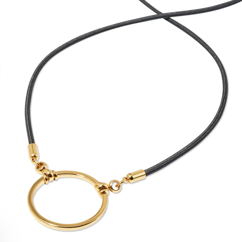 Black leather necklace with gold quality reading glasses loop carrier
