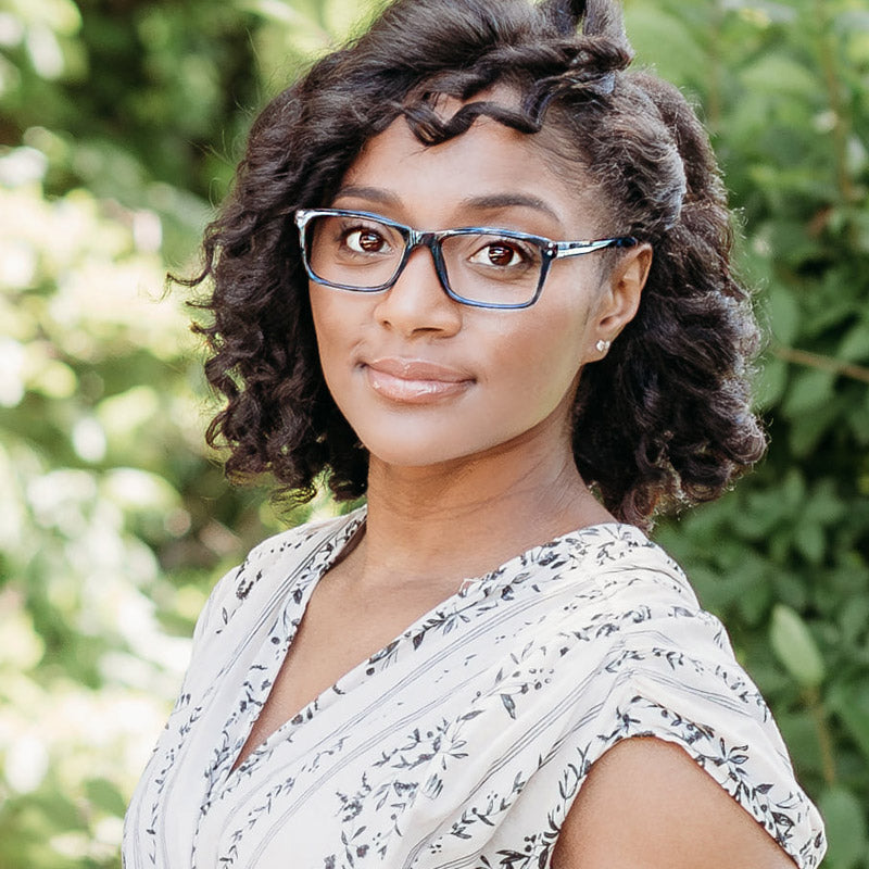 Woman Wearing The Beau Designer Progressive Reading Glasses In Blue Tortoise Shell Frame